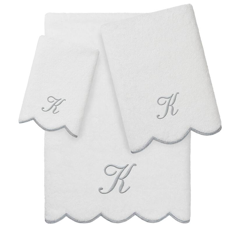 Authentic Hotel and Spa 100% Turkish Cotton Grey ADORNIA Scallop Personalized 3 Piece Towel Set - 3 Piece Set - K