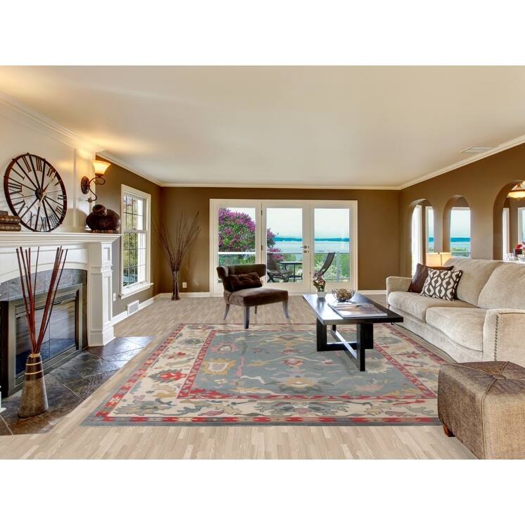 Light Blue Oushak Area Rug Hand-Knotted Transitional Wool Carpet - 9'1" x 11'9"