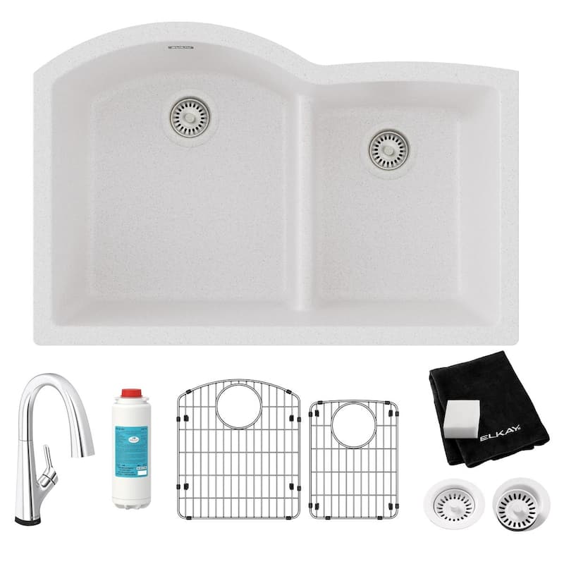 Elkay Quartz Classic 33" x 22" x 10", Offset 60/40 Double Bowl Undermount Sink Kit with Filtered Faucet with Aqua Divide, Black