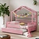 preview thumbnail 1 of 6, Pink Roof Wooden Twin Size House Bed with Trundle Kids Princess Bed with Shelf