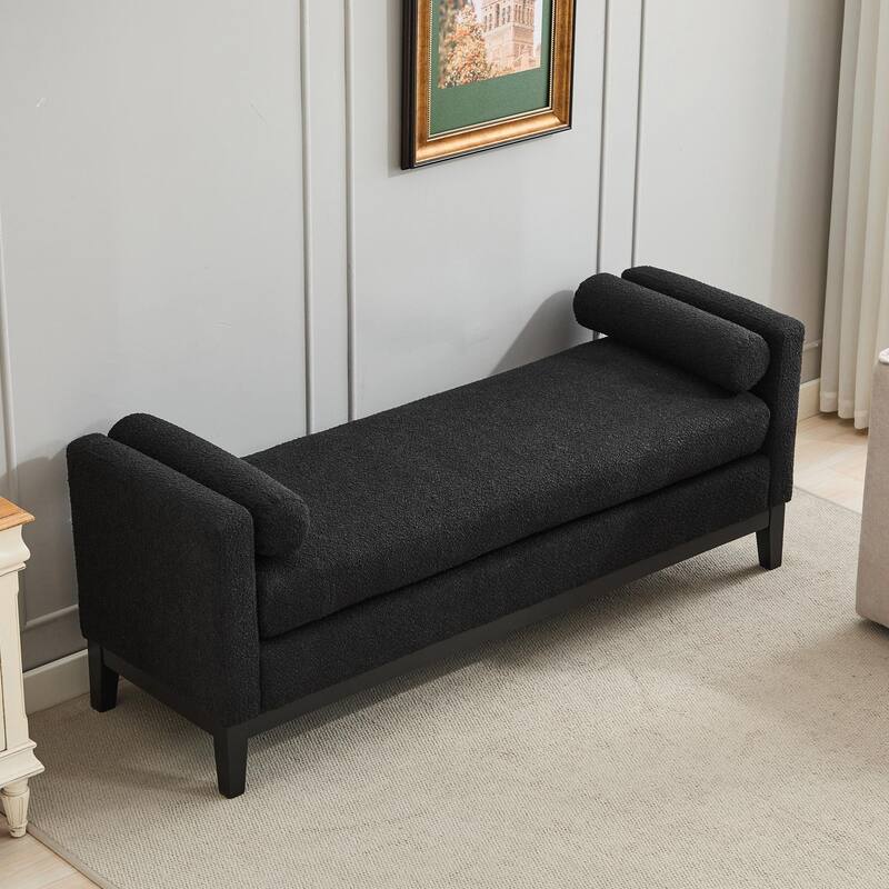 ​66" Upholstered Storage Bench - PU with Bolster Pillows - Black Boucle+Black Legs