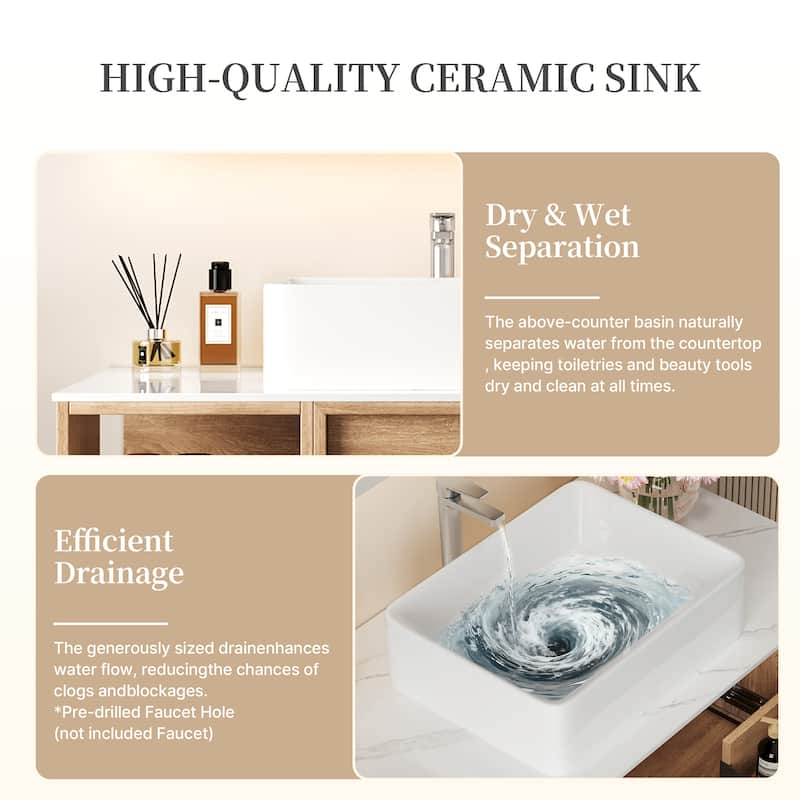 36" Modern Bathroom Vanities With Single Sink, White Glossy Stone Table Top， Floating Vanities With Wood Cabinets