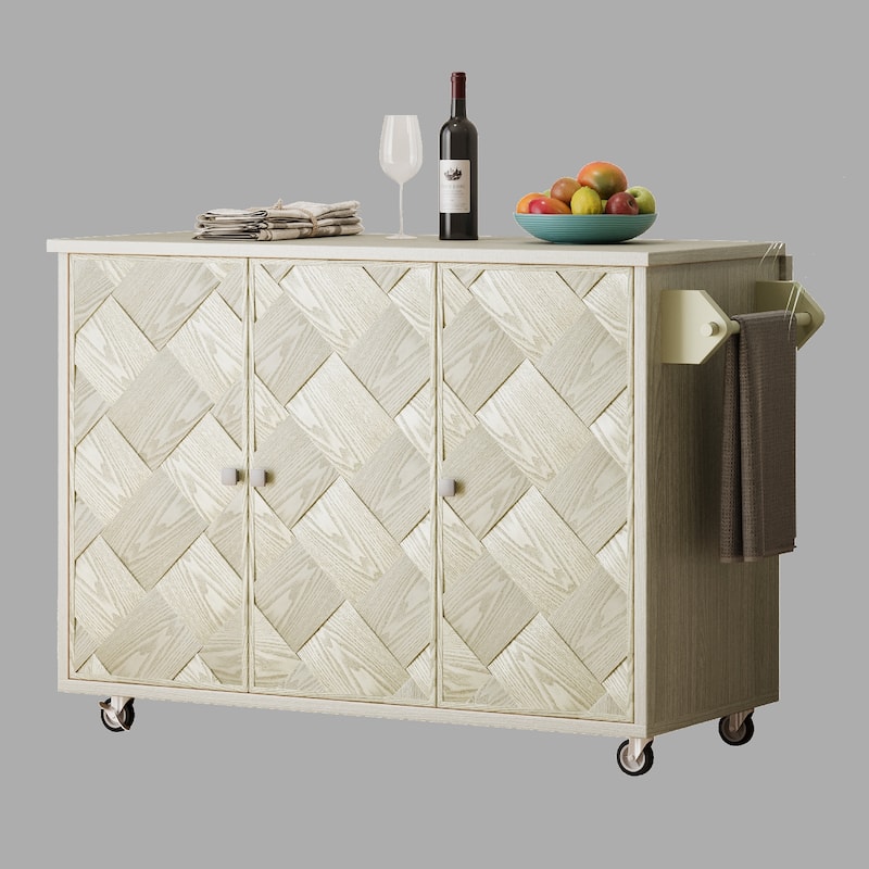 Mobile 51" Coastal Kitchen Island with Ash Veneer, Drop Leaf, Internal Storage Rack, Rolling Cart - Champagne