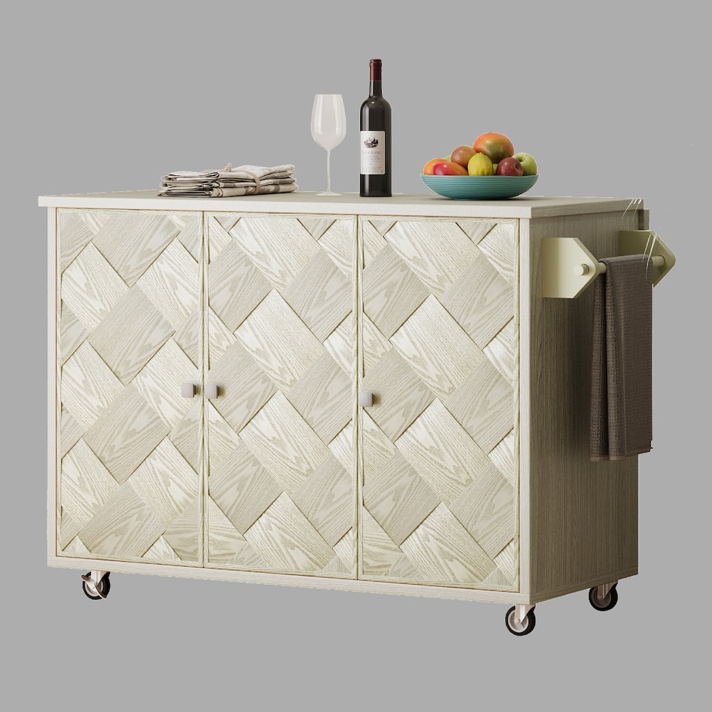 Mobile 51" Coastal Kitchen Island with Ash Veneer, Drop Leaf, Internal Storage Rack, Rolling Cart
