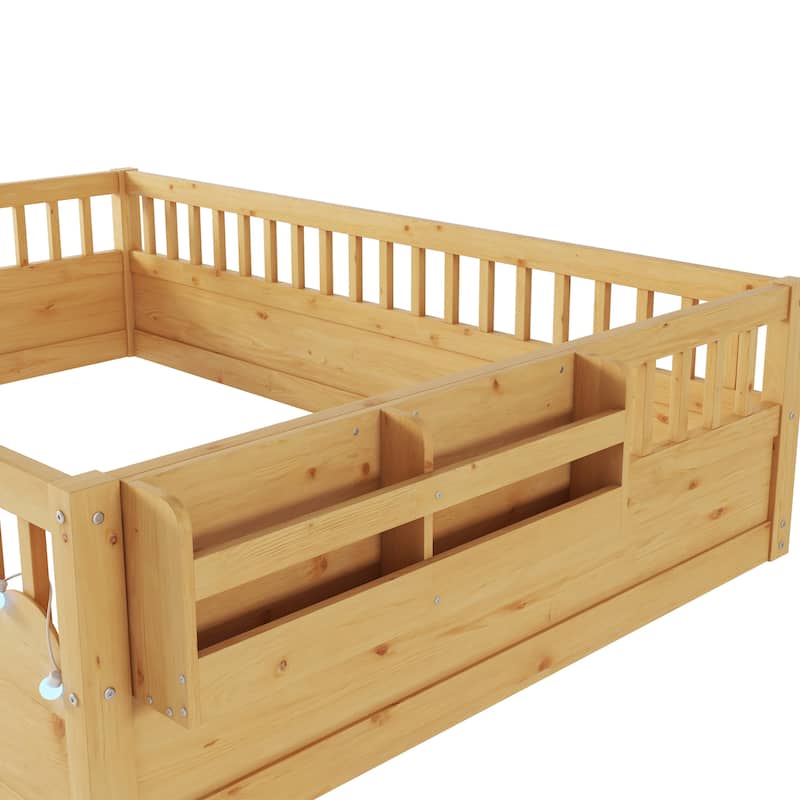 Full Size Floor Bed Safety Kids Bed with High Guardrails (19.6 inch), Concise Bed Frame for Boys Girls Kids Toddler, Natural