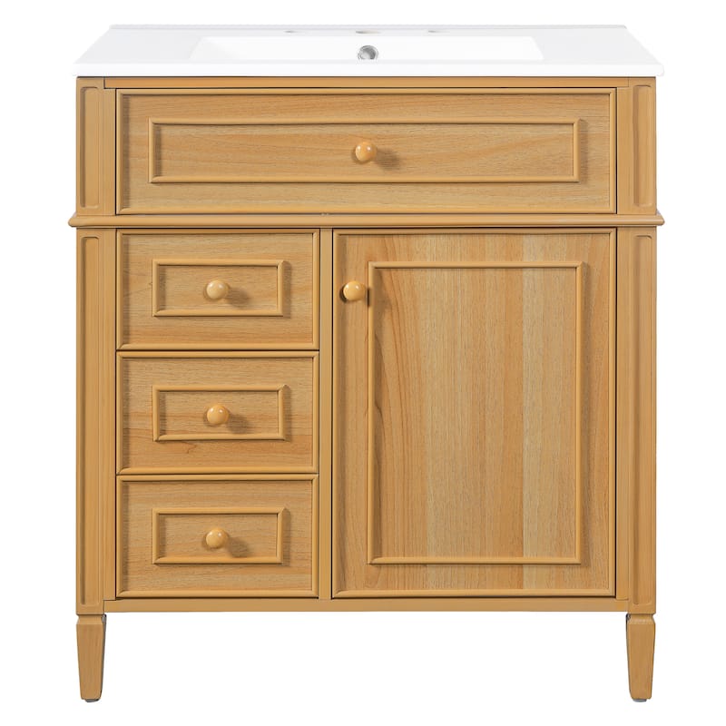 30" Bathroom Vanity with Ceramic Sink, Solid Pine Wood Frame Freestanding Vanity - 30inches