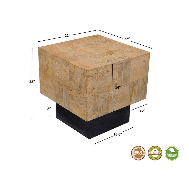 Brown Solid Mango Wood Square End Table with Black Base Natural Finish - 22” x 22” x 22” (D x W x H)