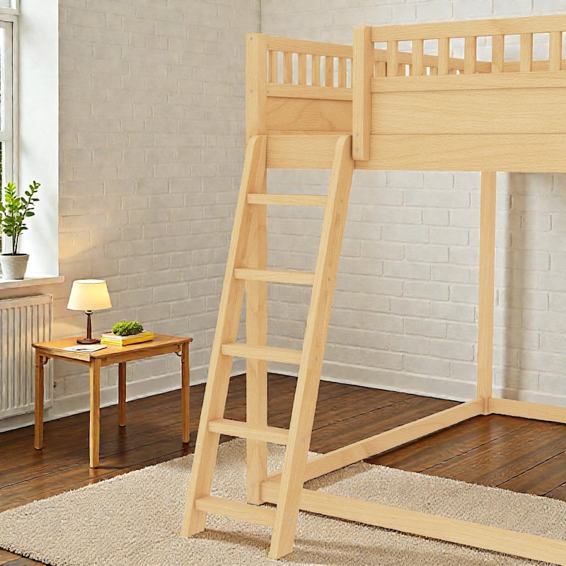 Loft Bed with Upholstered Headboard, Storage Shelves, Ladder and Slide, Solid Wood Frame