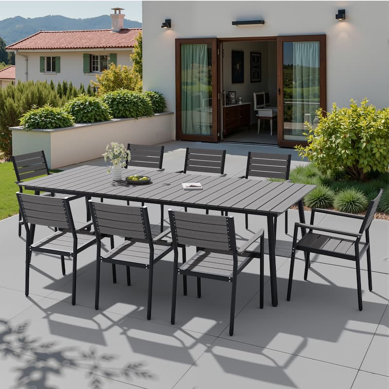 7/9-piece Outdoor Aluminum Rectangle Patio Dining Table with Umbrella Hole and Chairs