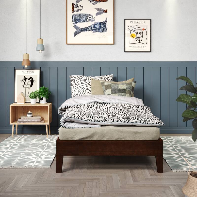 Twin Size Wood Platform Bed with 6.5" Under-Bed Storage and 14-Slat Support System - Dark Brown