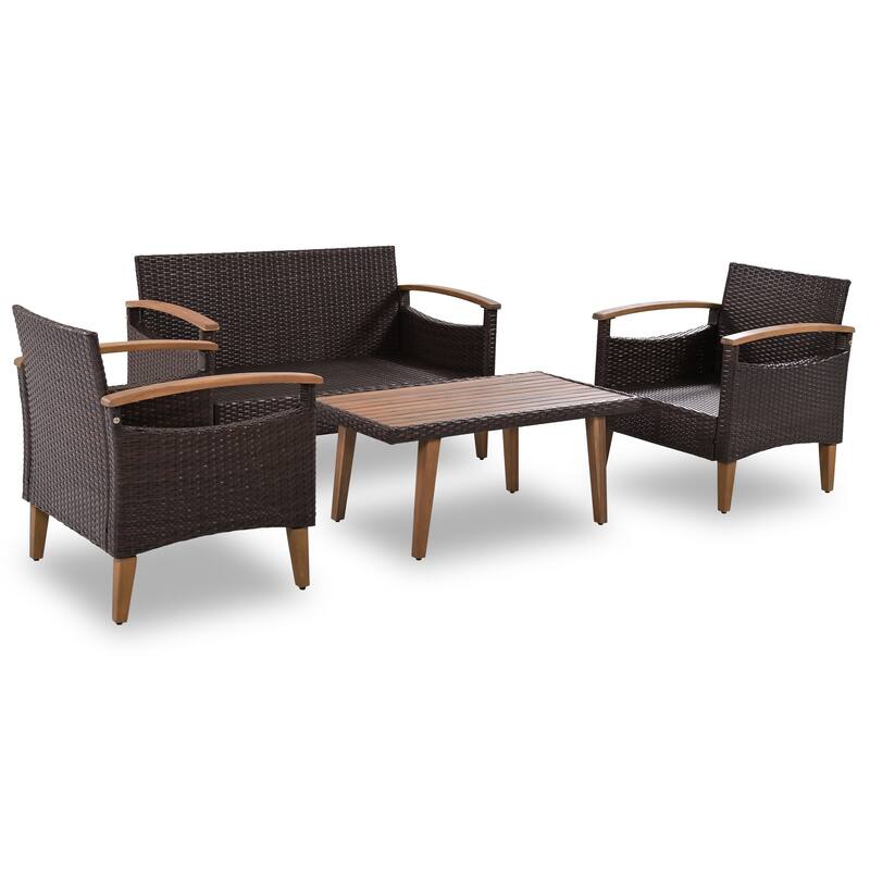4 Piece Outdoor Sofa Set, All Weather PE Rattan Garden Furniture Set with Acacia Wood Dining Table and Armrest Chairs
