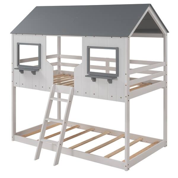 slide 2 of 13, Twin Playhouse Bunk Bed with Roof & Guardrails