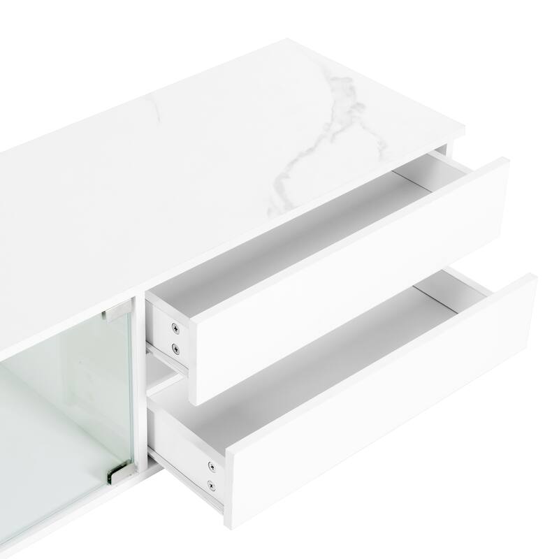 TV Stand for TVs up to 105", Modern Faux Marble Media Console with LED Lights, Tempered Glass Doors, 2 Drawers, Cabinets