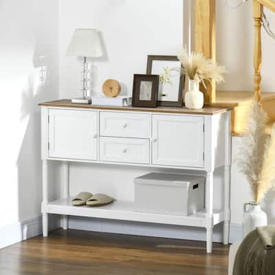 White MDF and Pine Retro Console Table with Storage, Handles and Anti-Tip - 45.25" W x 11.75" D x 32.25" H