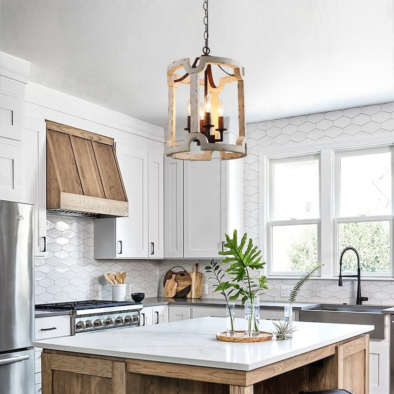 4-Light White Weathered Cylinder Lantern Chandelier - Whitewashed