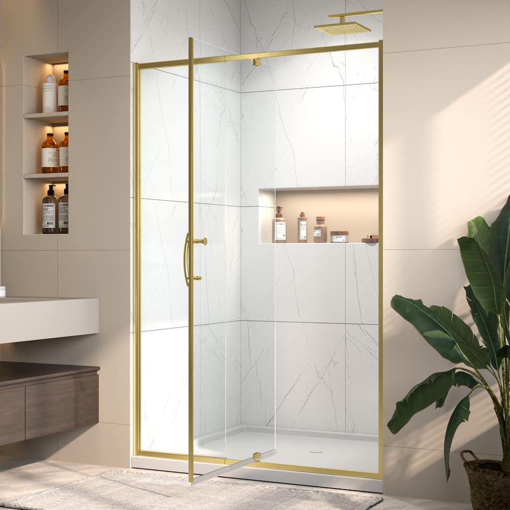Modland 42"/ 48" Brushed Gold Pivot Shower Door - Magnetic Seal, Easy-Clean Glass, 4" Telescopic Adjust
