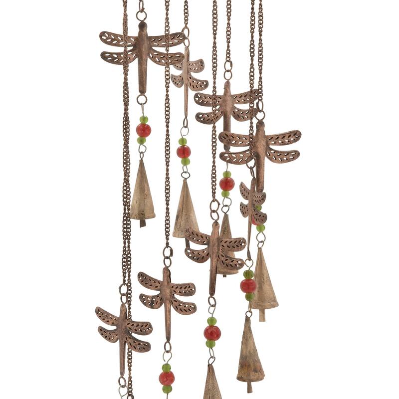 Metal Dragonfly Indoor Outdoor Windchime with Glass Beads and Cone Bells - Brass - Roche River Decor