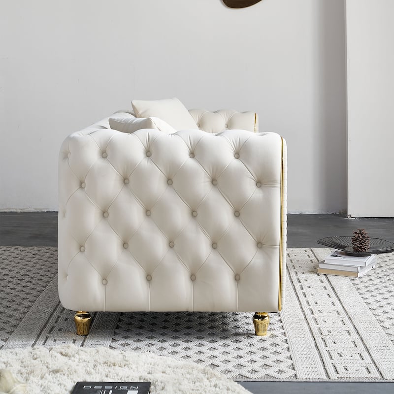 86'' Luxury Modern Tufted Velvet Sofa with 2 Toss Pillows, Beige