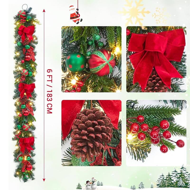 6 Feet Christmas Garland with Lights for Mantle with Red Green Balls - N/A