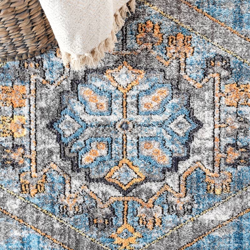 Izmit Geometric Vintage Medallion Gray/Mustard/Turquoise Area Rug