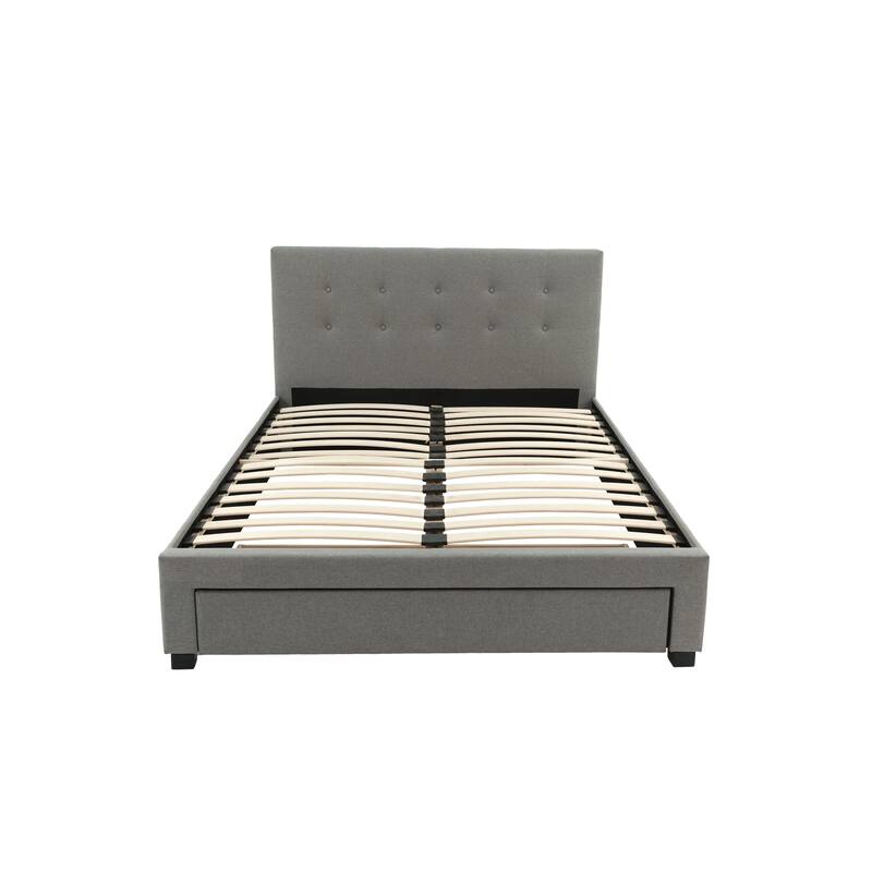 Full Size Modern Bed with Tufted Headboard and Storage Drawer, Grey Polyfiber Finish