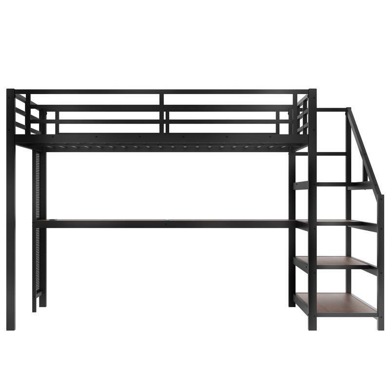 Queen Size Loft Bed Frame with Built-in Desk, Storage Stairs, LED Lights, Charging Station and Multifunctional Iron Nets