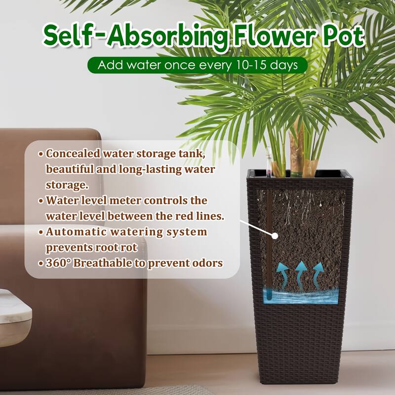 Square Planter for Indoor or Outdoor Use,22-Inch High Faux Rattan Design Flower Pot with Automatic Watering System