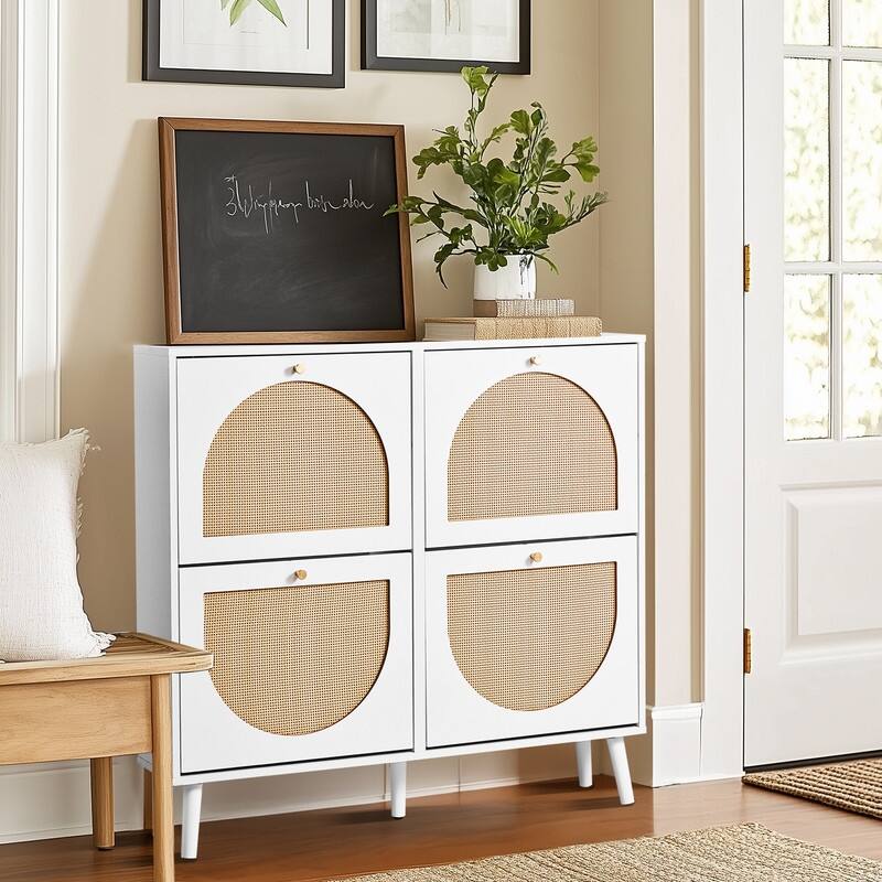 Rattan Shoe Cabinet with 2 / 4 Flip Drawers, Narrow Shoe Storage Cabinet,Organizer for Entryway, Bedroom, Living Room