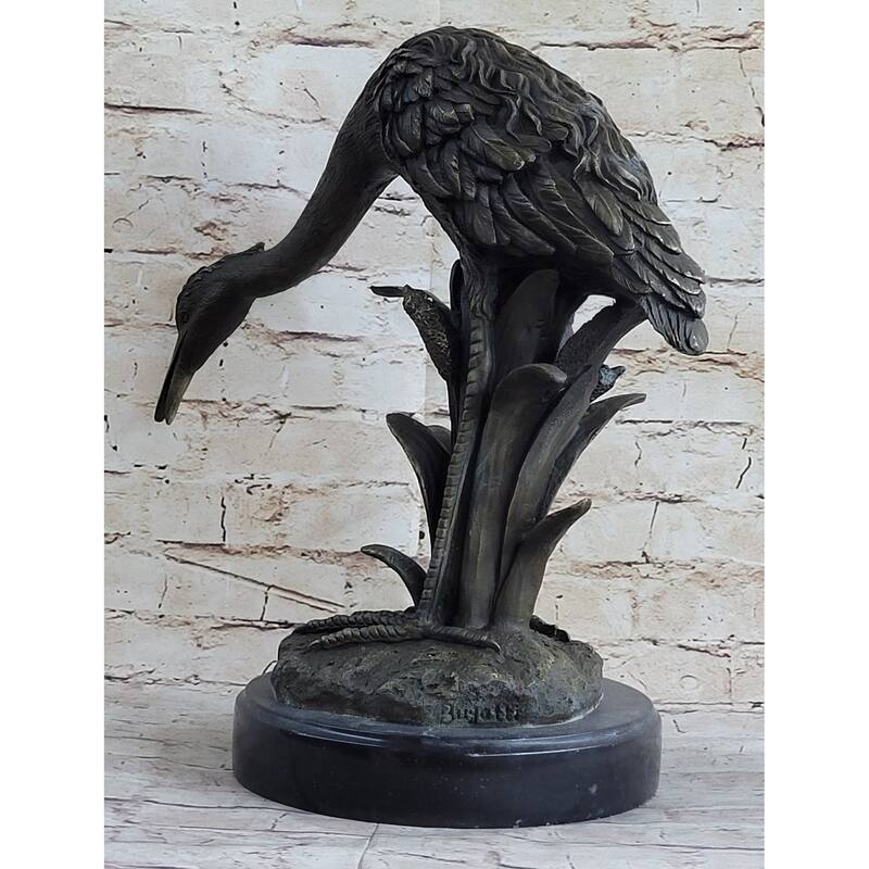 Heron Egret Water Bird Crane Bronze Metal Statue Sculpture Signed Art Marble Base