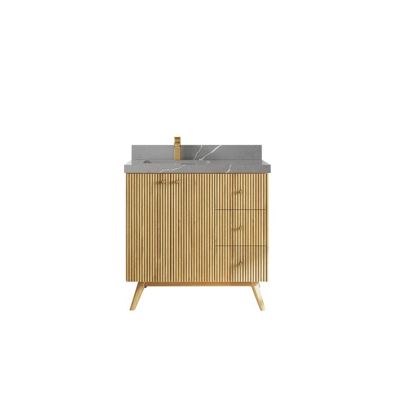 Willow Collections 36 in. W x 22 in. D Pasadena Solid Teak Left Offset Sink Bathroom Vanity with Countertop - 2"Piatra Gray - Light Natural