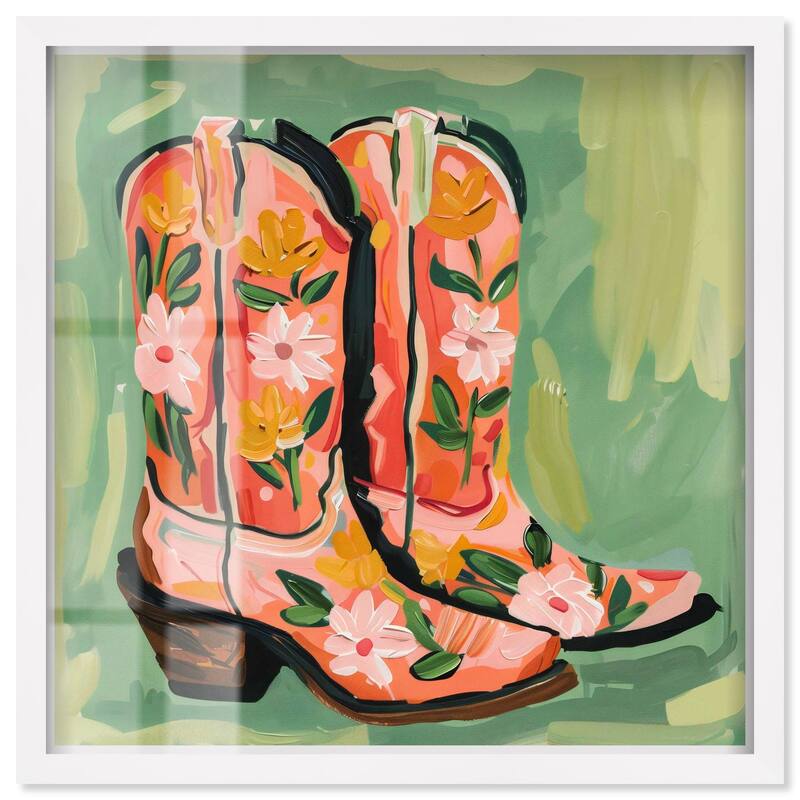 Wildflower Cowboy Boots Shadowbox by Art Remedy - White - 24" x 24"