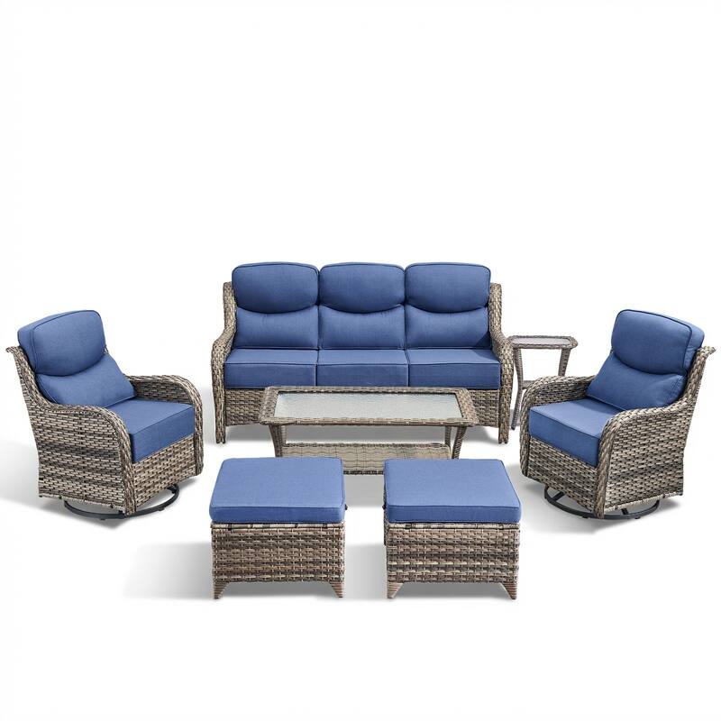 Meyreso 7-Piece Wicker Patio Conversation Set with Swivel Gliders and 6-Inch Thick Cushions