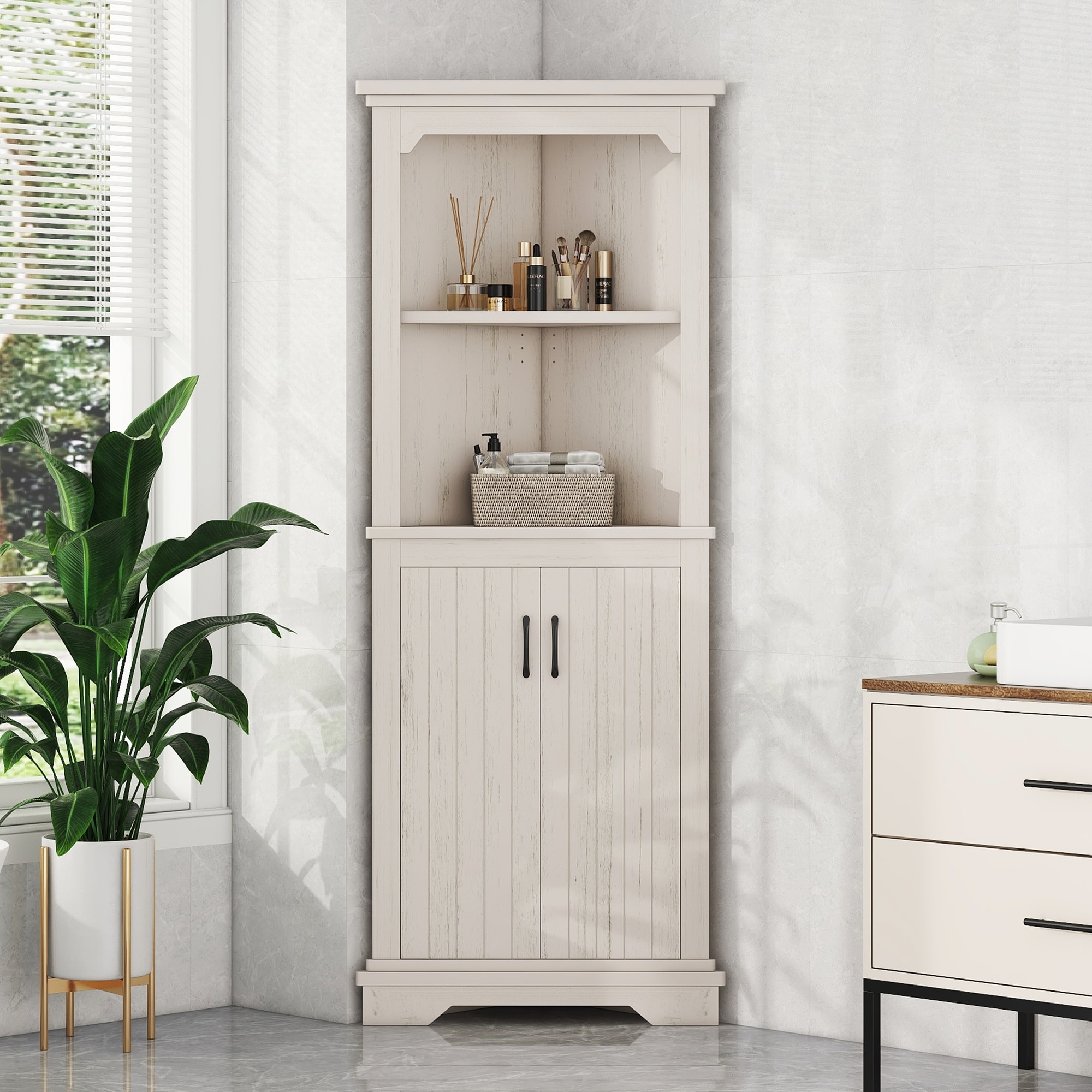 Tall Corner Cabinet Storage Cabinet with Doors, Beige Side Cabinet Display Cabinet Base Cabinet Accent Cabinet