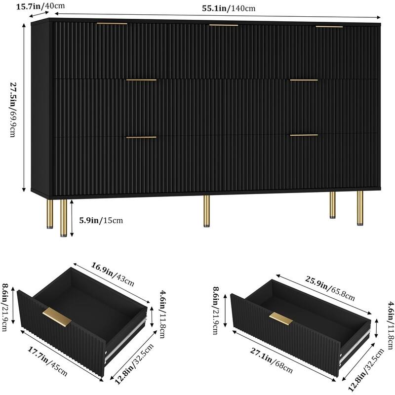 7 Drawer Dresser for Bedroom, Fluted Chest with Gold Handle, Wood Organizer for Closet, Living Room, Hallway