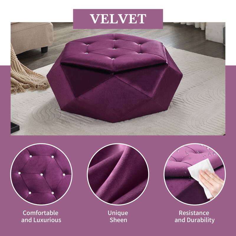 Elegant Velvet Polygon Diamond Tufted Storage Ottoman, Multi-Functional Footrest and Seating Solution, Practical Storage