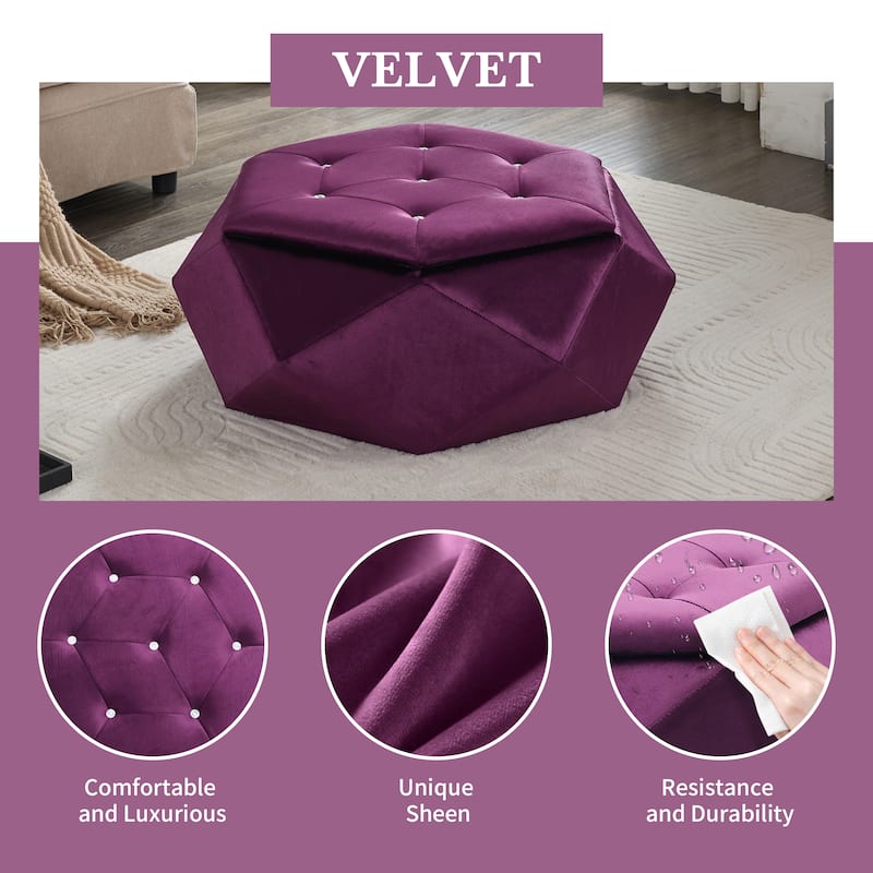 Velvet Polygon Ottoman with Diamond Lid, Multi-Functional Tufted Stroage Ottoman for Bedroom Entryway Foot Rest Stool