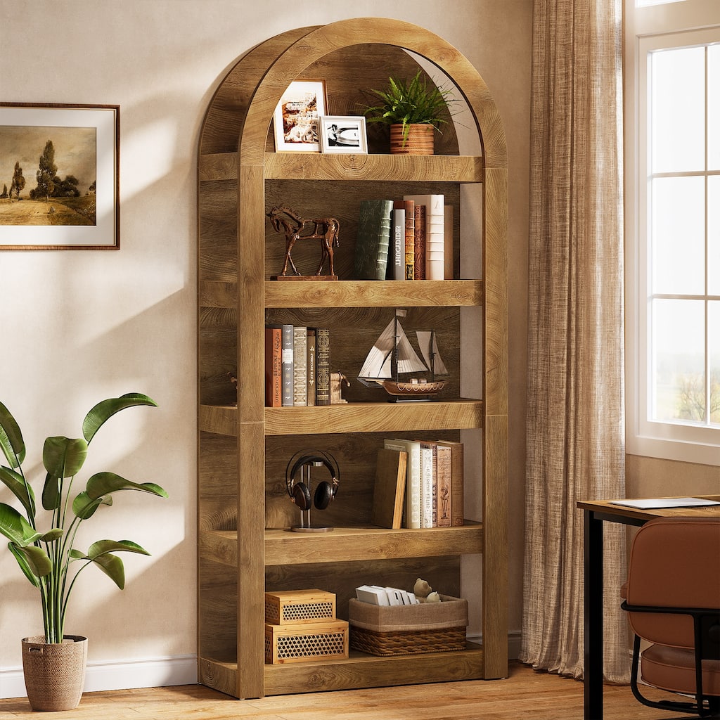 71" Tall Bookcase, 5-Tier Arched Bookshelf, Wooden Display Shelves for Living Room, Bedroom, Home Office