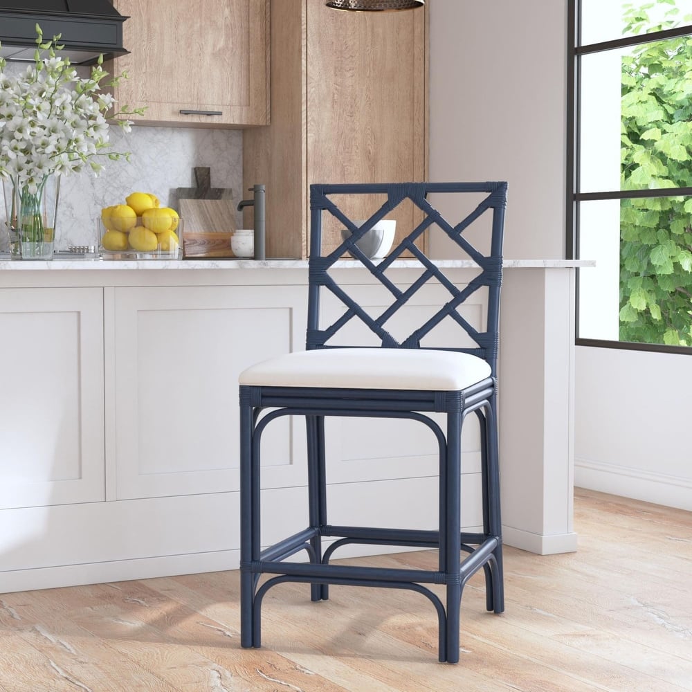 Natural Rattan Handmade Chippendale Single Cushioned Bar Stool by East at Main