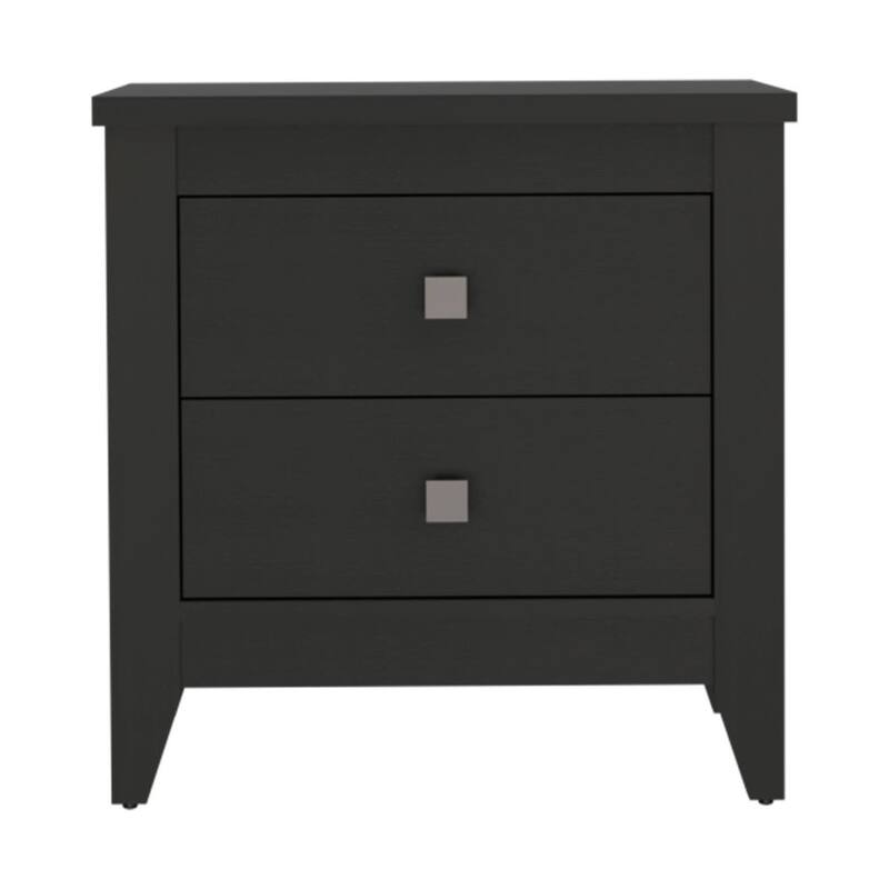 Black Two-Drawer Nightstand with Shelves and Wooden Legs