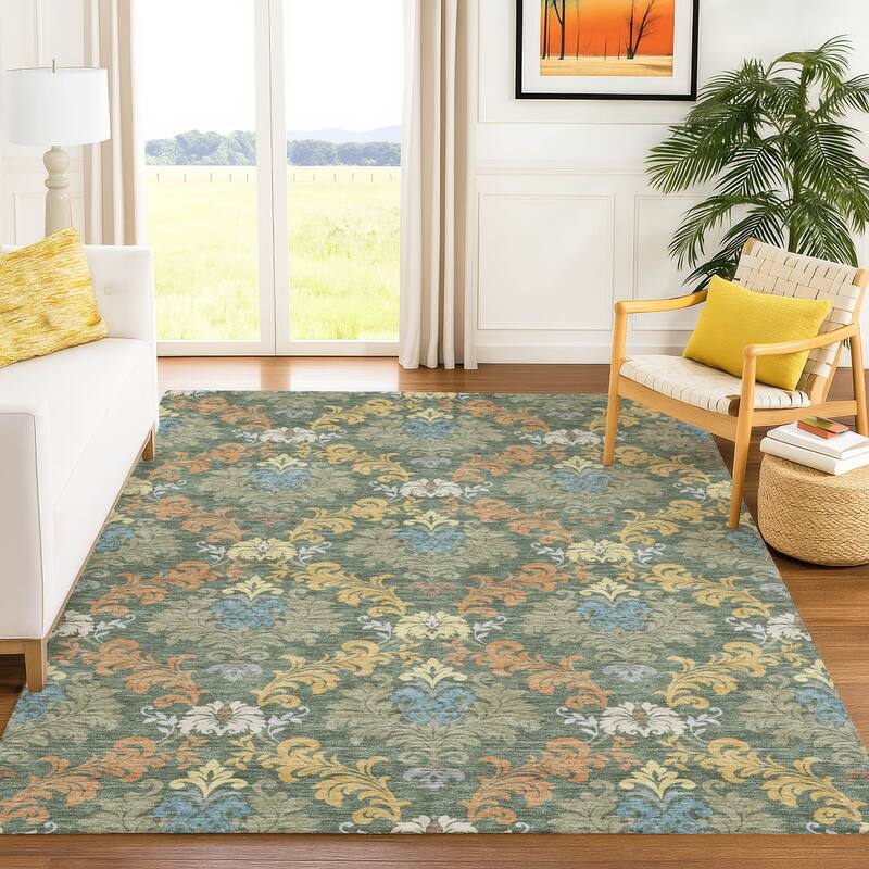 Machine Washable Indoor/ Outdoor Damask Patna Chantille Rug