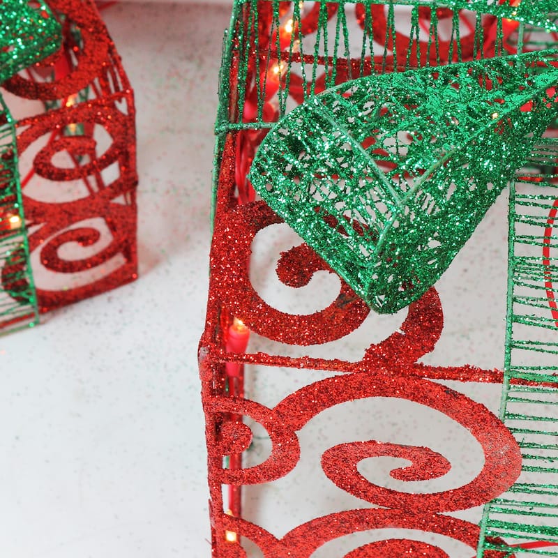 3 Lighted Red Swirl Glitter Gift Boxes Christmas Decorations 10"