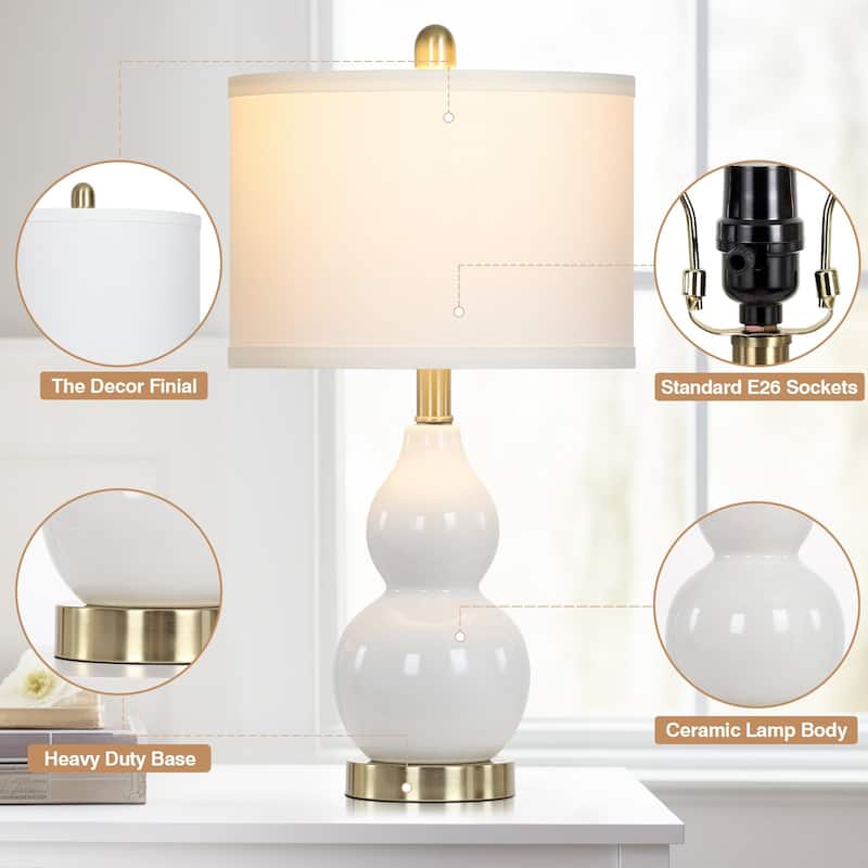 White Ceramic Table Lamps Gourd Lamp Body Drum Shade (Set of 2) - 11'' x 11'' x 22'' (L x W x H)
