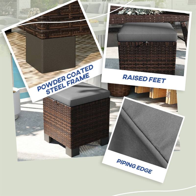 Set of 2 Outdoor Ottomans Wicker with Cushions Steel Frame for Patio Balcony Yard - 15.7" W x 15.7" D x 18.1" H