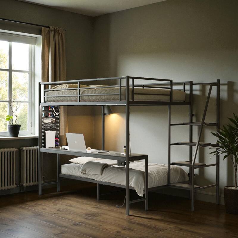 Full Over Twin Metal Bunk Bed with Desk, RGB LED Lights, Charging Station, Storage Shelves and Bags, Heavy Duty Loft Bed - Black - Full