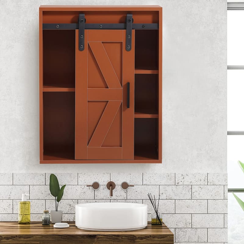 Rustic Wooden Wall Mounted Storage Cabinet with Sliding Barn Door - 27.6"H