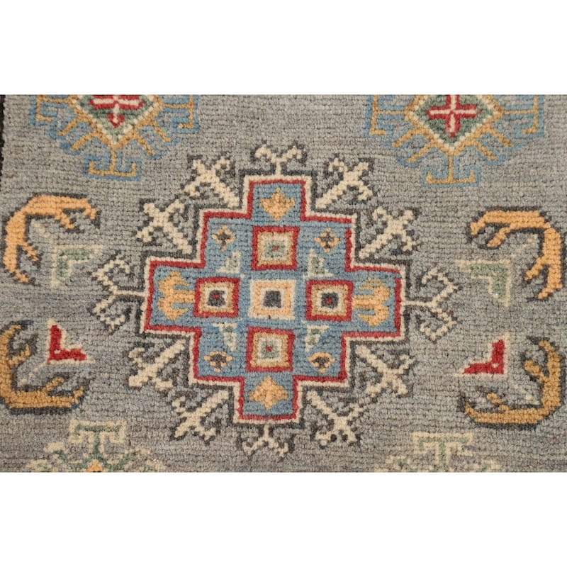 Geometric Kazak Oriental Runner Rug Hand-Knotted Grey Wool Carpet - 2'3" x 5'11"