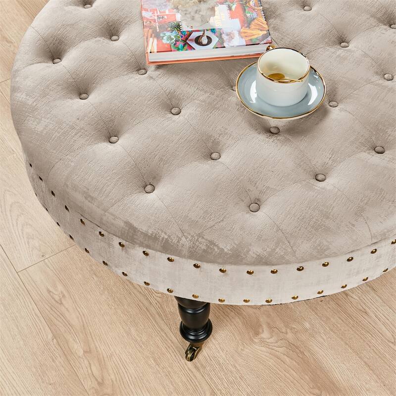 Round Velvet Tufted Coffee Table Ottoman, 34" x 34" x 17" H