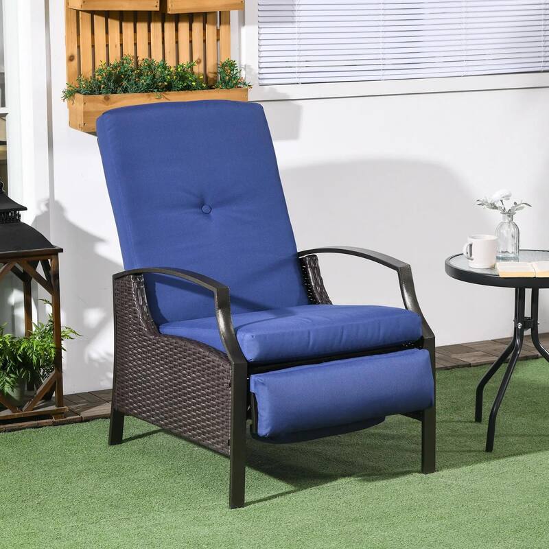 Patio Recliner Chair, PE Wicker with Comfy Cushions, Armrests - Dark Blue
