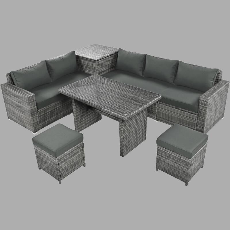 6-Piece Outdoor Wicker Patio Sofa Set with Adjustable Seats, Storage, Cushions & Glass Table - Grey