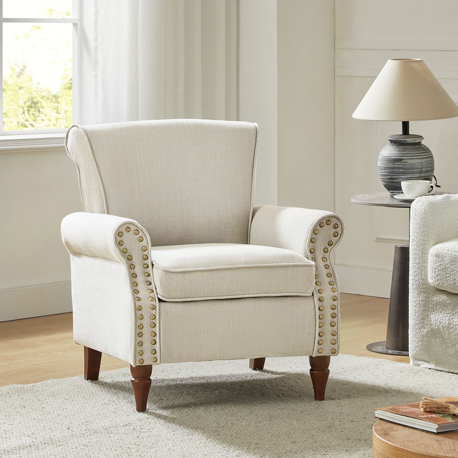Nyctelius Upholstered Comfy Accent chair with Classic Turned Wooden Legs and Nailhead Trim by HULALA HOME